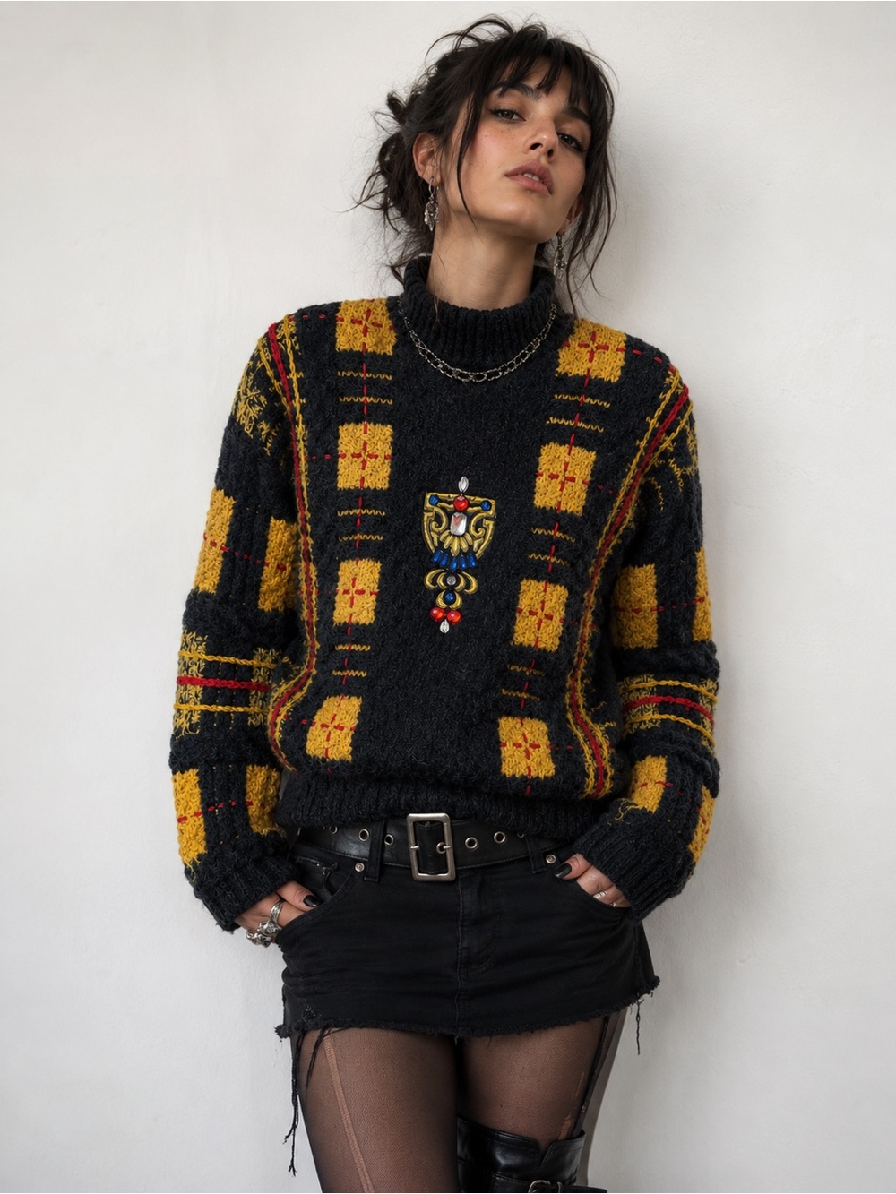 Vintage Black & Mustard Patterned Women's Knit Sweater